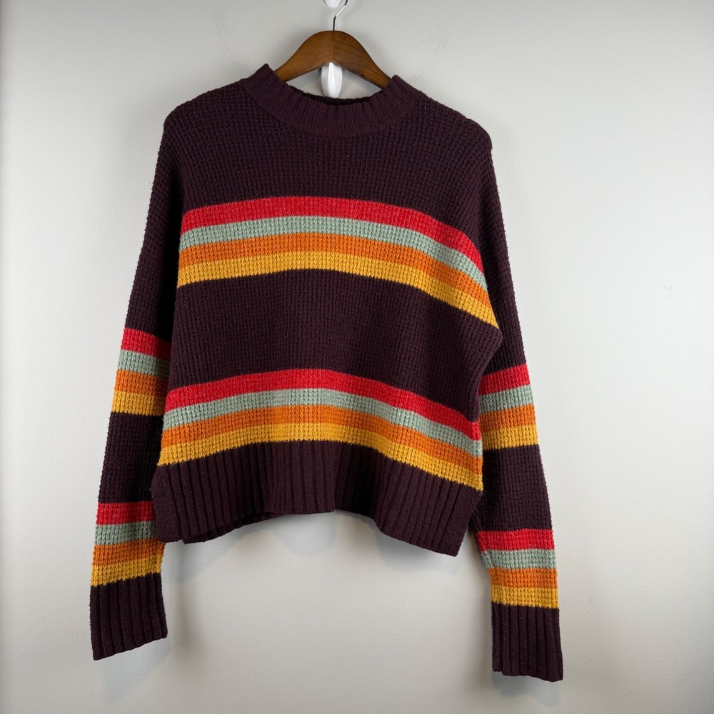SO Waffle Knit Mock Neck Sweater Womens XXL Burgundy Retro Boho 70s Style Stripe